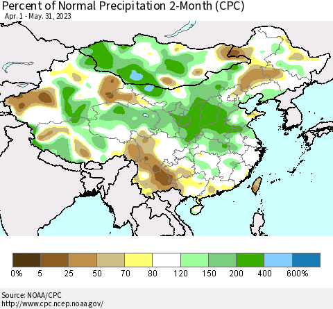 China, Mongolia and Taiwan Percent of Normal Precipitation 2-Month (CPC) Thematic Map For 4/1/2023 - 5/31/2023