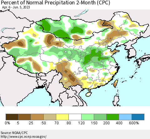 China, Mongolia and Taiwan Percent of Normal Precipitation 2-Month (CPC) Thematic Map For 4/6/2023 - 6/5/2023