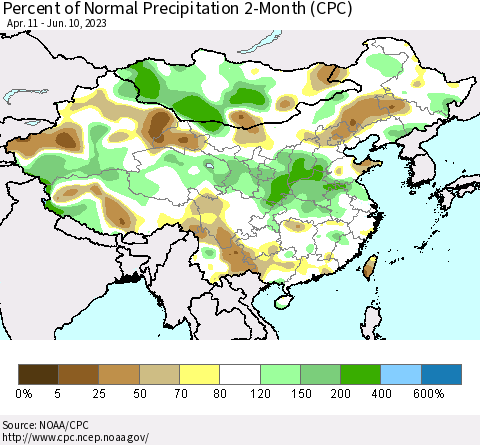 China, Mongolia and Taiwan Percent of Normal Precipitation 2-Month (CPC) Thematic Map For 4/11/2023 - 6/10/2023