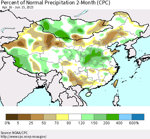China, Mongolia and Taiwan Percent of Normal Precipitation 2-Month (CPC) Thematic Map For 4/16/2023 - 6/15/2023