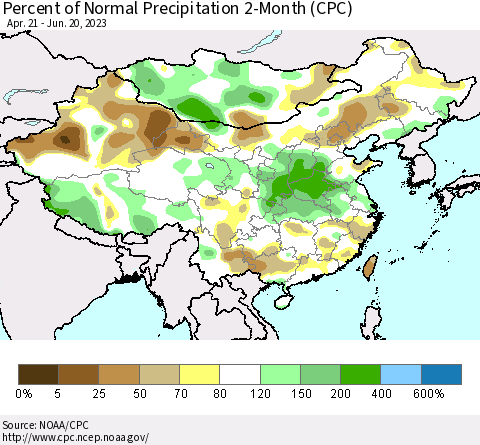 China, Mongolia and Taiwan Percent of Normal Precipitation 2-Month (CPC) Thematic Map For 4/21/2023 - 6/20/2023