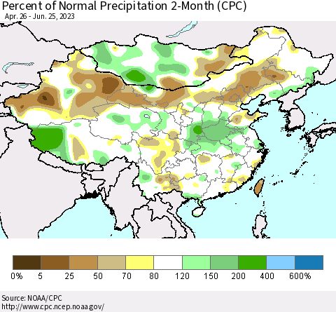 China, Mongolia and Taiwan Percent of Normal Precipitation 2-Month (CPC) Thematic Map For 4/26/2023 - 6/25/2023