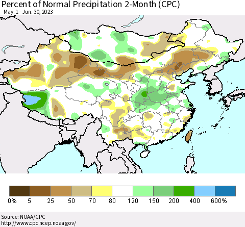 China, Mongolia and Taiwan Percent of Normal Precipitation 2-Month (CPC) Thematic Map For 5/1/2023 - 6/30/2023