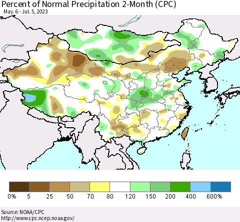 China, Mongolia and Taiwan Percent of Normal Precipitation 2-Month (CPC) Thematic Map For 5/6/2023 - 7/5/2023