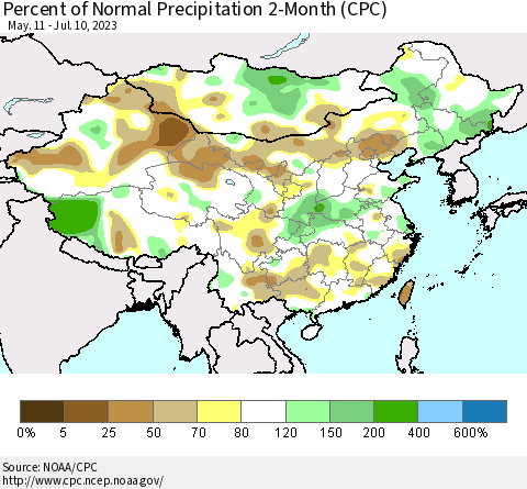 China, Mongolia and Taiwan Percent of Normal Precipitation 2-Month (CPC) Thematic Map For 5/11/2023 - 7/10/2023