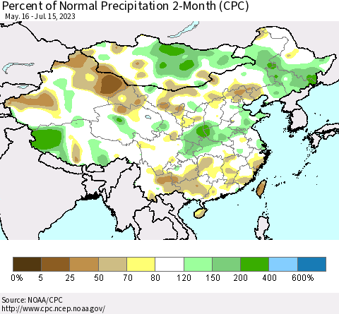 China, Mongolia and Taiwan Percent of Normal Precipitation 2-Month (CPC) Thematic Map For 5/16/2023 - 7/15/2023