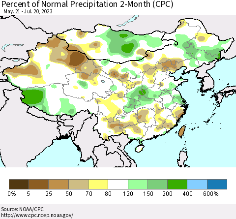 China, Mongolia and Taiwan Percent of Normal Precipitation 2-Month (CPC) Thematic Map For 5/21/2023 - 7/20/2023