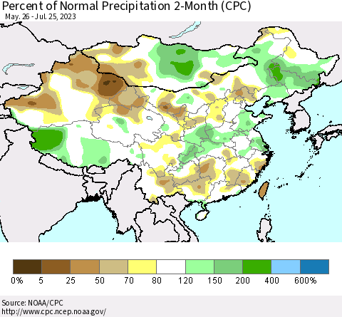 China, Mongolia and Taiwan Percent of Normal Precipitation 2-Month (CPC) Thematic Map For 5/26/2023 - 7/25/2023