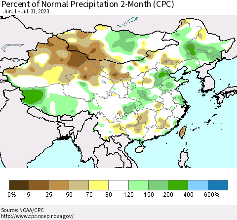 China, Mongolia and Taiwan Percent of Normal Precipitation 2-Month (CPC) Thematic Map For 6/1/2023 - 7/31/2023