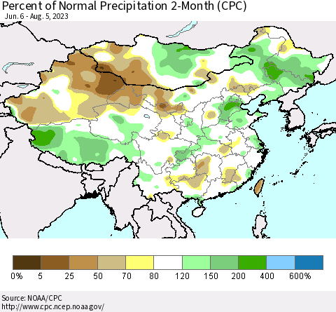 China, Mongolia and Taiwan Percent of Normal Precipitation 2-Month (CPC) Thematic Map For 6/6/2023 - 8/5/2023