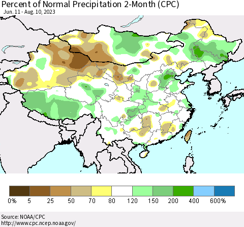 China, Mongolia and Taiwan Percent of Normal Precipitation 2-Month (CPC) Thematic Map For 6/11/2023 - 8/10/2023