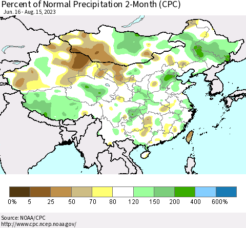 China, Mongolia and Taiwan Percent of Normal Precipitation 2-Month (CPC) Thematic Map For 6/16/2023 - 8/15/2023