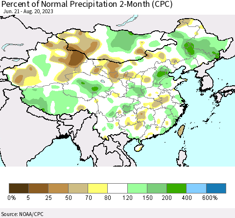 China, Mongolia and Taiwan Percent of Normal Precipitation 2-Month (CPC) Thematic Map For 6/21/2023 - 8/20/2023