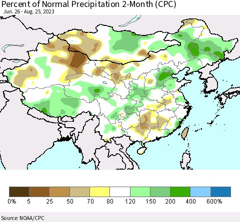 China, Mongolia and Taiwan Percent of Normal Precipitation 2-Month (CPC) Thematic Map For 6/26/2023 - 8/25/2023