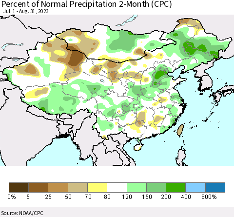 China, Mongolia and Taiwan Percent of Normal Precipitation 2-Month (CPC) Thematic Map For 7/1/2023 - 8/31/2023