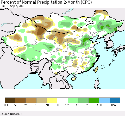 China, Mongolia and Taiwan Percent of Normal Precipitation 2-Month (CPC) Thematic Map For 7/6/2023 - 9/5/2023