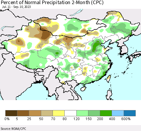 China, Mongolia and Taiwan Percent of Normal Precipitation 2-Month (CPC) Thematic Map For 7/11/2023 - 9/10/2023