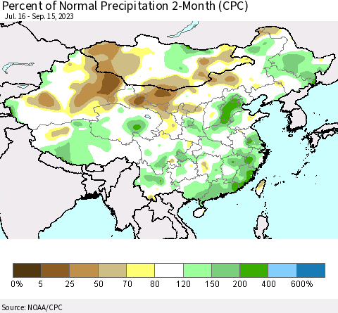 China, Mongolia and Taiwan Percent of Normal Precipitation 2-Month (CPC) Thematic Map For 7/16/2023 - 9/15/2023