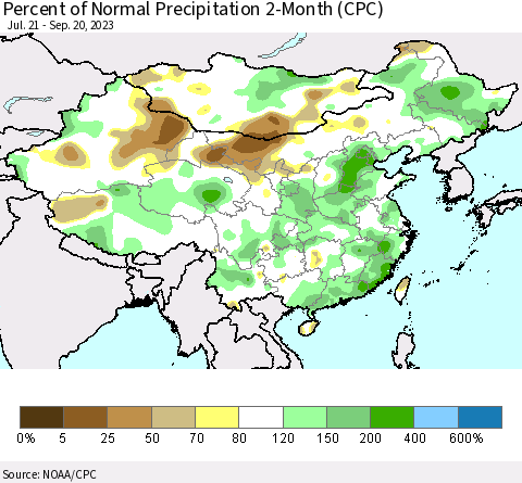 China, Mongolia and Taiwan Percent of Normal Precipitation 2-Month (CPC) Thematic Map For 7/21/2023 - 9/20/2023