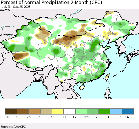 China, Mongolia and Taiwan Percent of Normal Precipitation 2-Month (CPC) Thematic Map For 7/26/2023 - 9/25/2023
