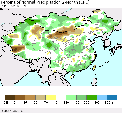 China, Mongolia and Taiwan Percent of Normal Precipitation 2-Month (CPC) Thematic Map For 8/1/2023 - 9/30/2023