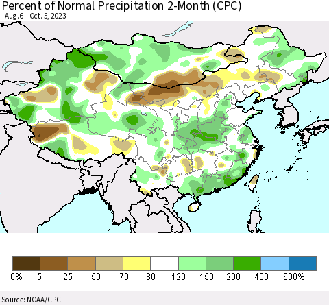 China, Mongolia and Taiwan Percent of Normal Precipitation 2-Month (CPC) Thematic Map For 8/6/2023 - 10/5/2023