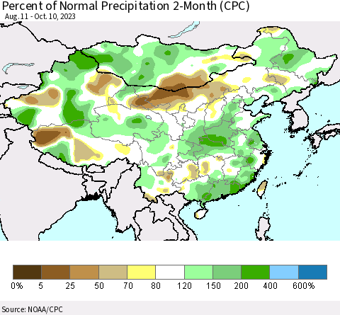 China, Mongolia and Taiwan Percent of Normal Precipitation 2-Month (CPC) Thematic Map For 8/11/2023 - 10/10/2023
