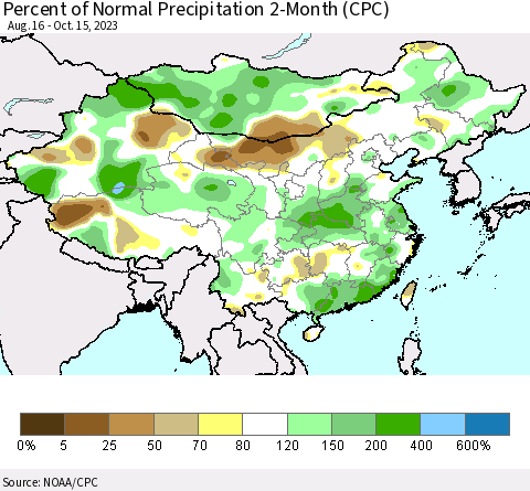 China, Mongolia and Taiwan Percent of Normal Precipitation 2-Month (CPC) Thematic Map For 8/16/2023 - 10/15/2023