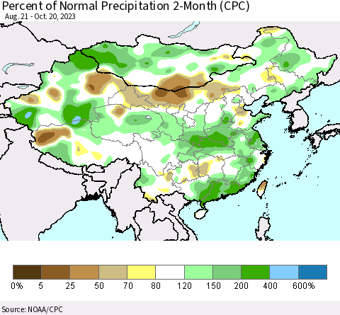 China, Mongolia and Taiwan Percent of Normal Precipitation 2-Month (CPC) Thematic Map For 8/21/2023 - 10/20/2023