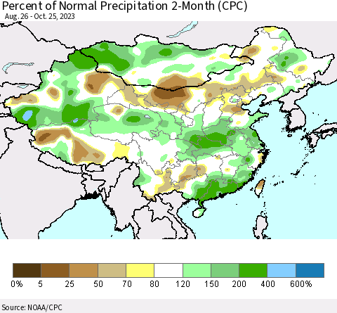China, Mongolia and Taiwan Percent of Normal Precipitation 2-Month (CPC) Thematic Map For 8/26/2023 - 10/25/2023