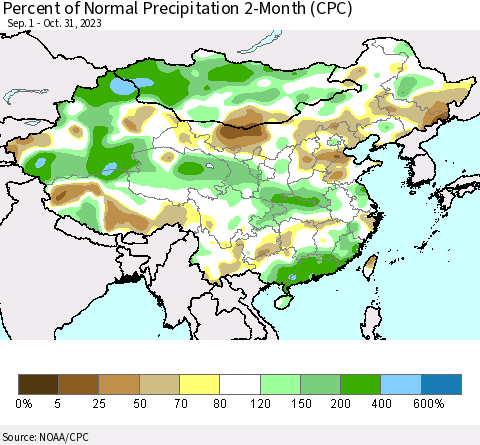 China, Mongolia and Taiwan Percent of Normal Precipitation 2-Month (CPC) Thematic Map For 9/1/2023 - 10/31/2023