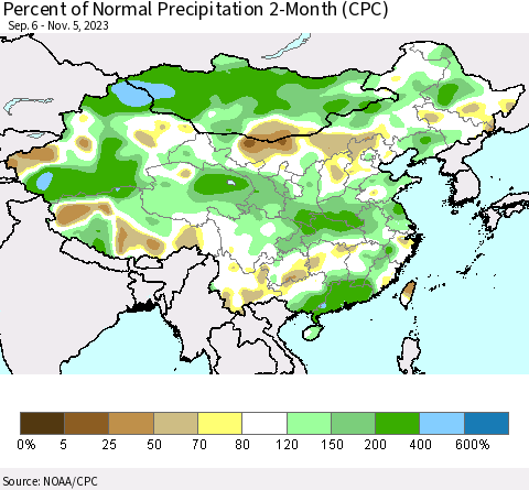 China, Mongolia and Taiwan Percent of Normal Precipitation 2-Month (CPC) Thematic Map For 9/6/2023 - 11/5/2023