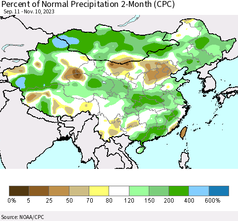 China, Mongolia and Taiwan Percent of Normal Precipitation 2-Month (CPC) Thematic Map For 9/11/2023 - 11/10/2023