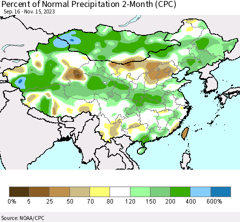 China, Mongolia and Taiwan Percent of Normal Precipitation 2-Month (CPC) Thematic Map For 9/16/2023 - 11/15/2023