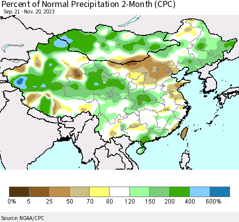 China, Mongolia and Taiwan Percent of Normal Precipitation 2-Month (CPC) Thematic Map For 9/21/2023 - 11/20/2023
