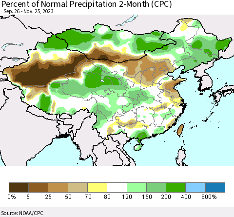 China, Mongolia and Taiwan Percent of Normal Precipitation 2-Month (CPC) Thematic Map For 9/26/2023 - 11/25/2023