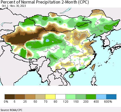 China, Mongolia and Taiwan Percent of Normal Precipitation 2-Month (CPC) Thematic Map For 10/1/2023 - 11/30/2023