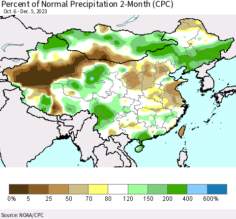China, Mongolia and Taiwan Percent of Normal Precipitation 2-Month (CPC) Thematic Map For 10/6/2023 - 12/5/2023