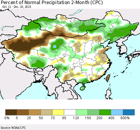 China, Mongolia and Taiwan Percent of Normal Precipitation 2-Month (CPC) Thematic Map For 10/11/2023 - 12/10/2023