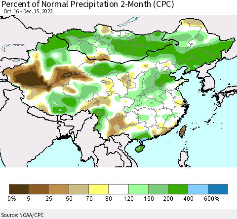 China, Mongolia and Taiwan Percent of Normal Precipitation 2-Month (CPC) Thematic Map For 10/16/2023 - 12/15/2023