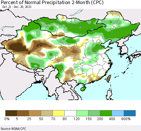 China, Mongolia and Taiwan Percent of Normal Precipitation 2-Month (CPC) Thematic Map For 10/21/2023 - 12/20/2023