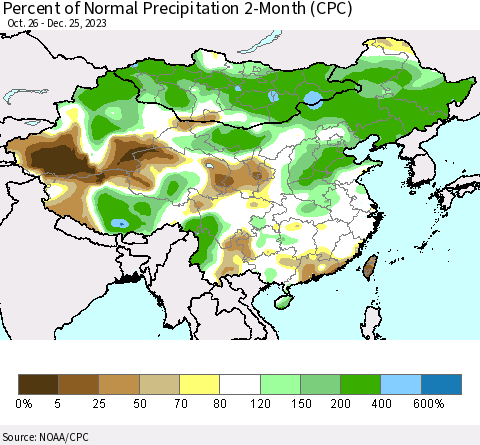 China, Mongolia and Taiwan Percent of Normal Precipitation 2-Month (CPC) Thematic Map For 10/26/2023 - 12/25/2023