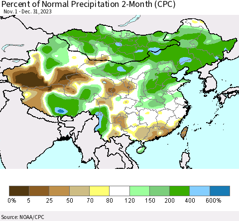 China, Mongolia and Taiwan Percent of Normal Precipitation 2-Month (CPC) Thematic Map For 11/1/2023 - 12/31/2023