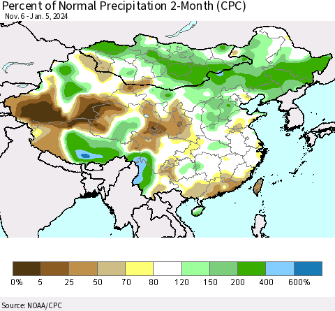 China, Mongolia and Taiwan Percent of Normal Precipitation 2-Month (CPC) Thematic Map For 11/6/2023 - 1/5/2024