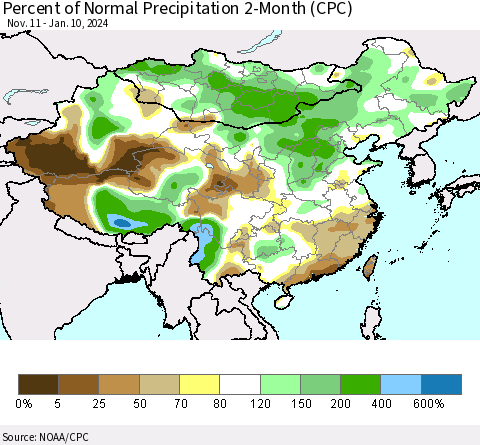 China, Mongolia and Taiwan Percent of Normal Precipitation 2-Month (CPC) Thematic Map For 11/11/2023 - 1/10/2024