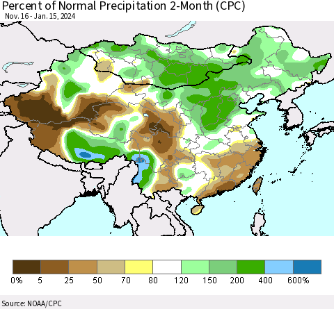 China, Mongolia and Taiwan Percent of Normal Precipitation 2-Month (CPC) Thematic Map For 11/16/2023 - 1/15/2024