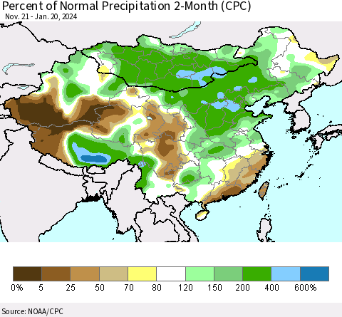 China, Mongolia and Taiwan Percent of Normal Precipitation 2-Month (CPC) Thematic Map For 11/21/2023 - 1/20/2024