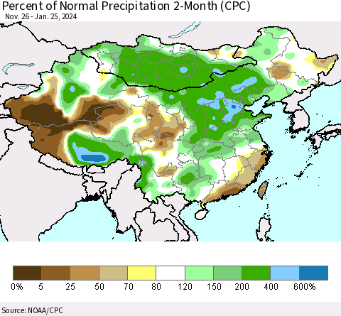 China, Mongolia and Taiwan Percent of Normal Precipitation 2-Month (CPC) Thematic Map For 11/26/2023 - 1/25/2024