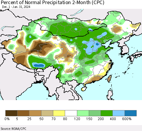 China, Mongolia and Taiwan Percent of Normal Precipitation 2-Month (CPC) Thematic Map For 12/1/2023 - 1/31/2024