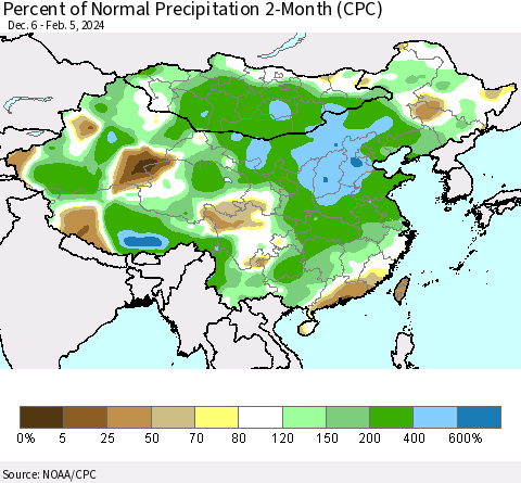 China, Mongolia and Taiwan Percent of Normal Precipitation 2-Month (CPC) Thematic Map For 12/6/2023 - 2/5/2024